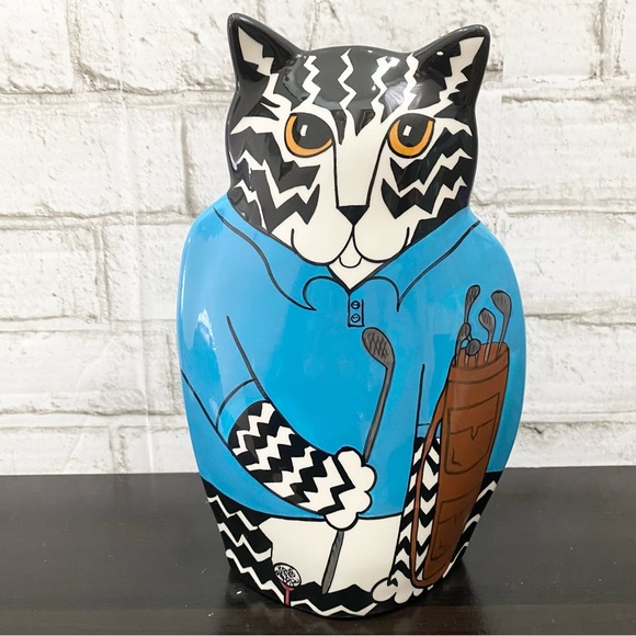 CATS by Nina Lyman Blue Ceramic Cat Golfer 9.5” Planter Vase - Picture 1 of 15